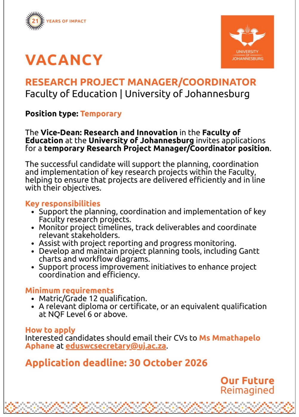 RESEARCH PROJECT MANAGER/COORDINATOR, University of Johannesburg