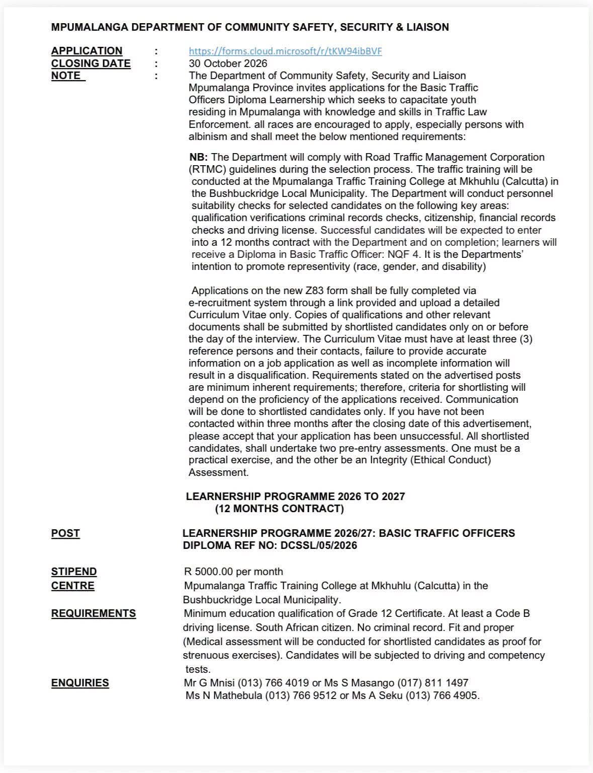 Basic Traffic Officers Diploma Learnership, Mpumalanga Department of Community Safety, Security & Liaison